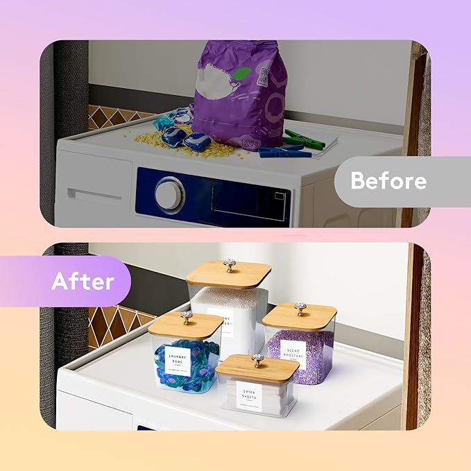 POLRAI 4 Pack Laundry Pod Containers and Dryer Sheet Holder for Laundry Room Organization Clear Jars with Lids and Labels for Laundry Detergent Laundry Pods Dry Sheet Organizing
