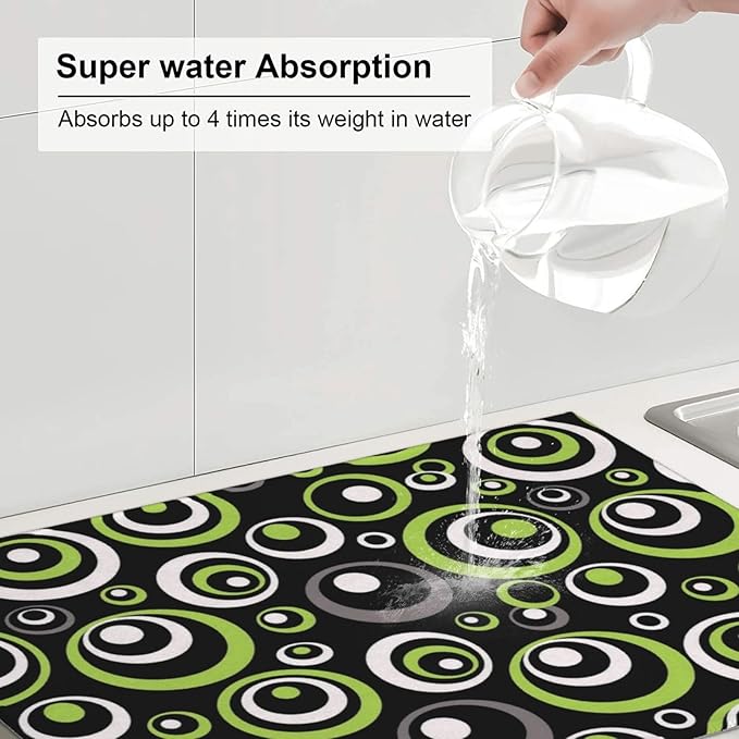Green Black Gray Geometric Circle Dish Drying Mat for Kitchen Counter, Absorbent Microfiber Modern Drying Pad for Dish Drainer, Washable, Foldable for Kitchen Gadgets, Multi-Use, Home Decor, 18" x 24"