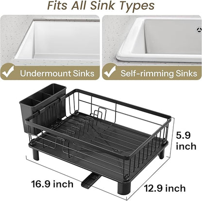 SNTD Dish Drying Rack - Small Dish Rack for Kitchen Counter, Stainless Steel Dish Drainer with Utensil Holder and Drainboard, 12.9" W x 16.9" L (Black)