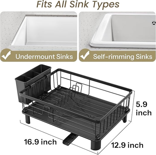 SNTD Dish Drying Rack - Small Dish Rack for Kitchen Counter, Stainless Steel Dish Drainer with Utensil Holder and Drainboard, 12.9" W x 16.9" L (Black)