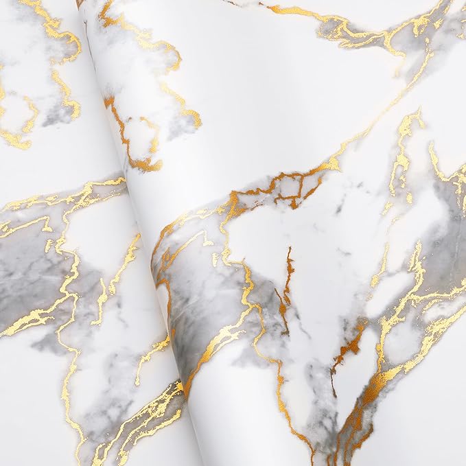 LACHEERY 24"x160" White and Gold Marble Contact Paper 24 Inch Wide Marble Peel and Stick Countertop Contact Paper Waterproof Self Adhesive Marble Peel and Stick Wallpaper for Walls Counter Tops Vinyl