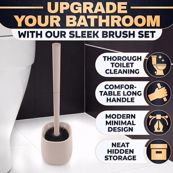 Toilet Brush and Holder Set - Silicone Toilet Brush Cleaner with Cream Holder Base, Compact Bath Accessory for Small Spaces - Easy to Place & Simple to Store After Use, Plastic Bathroom Cleaning Tool