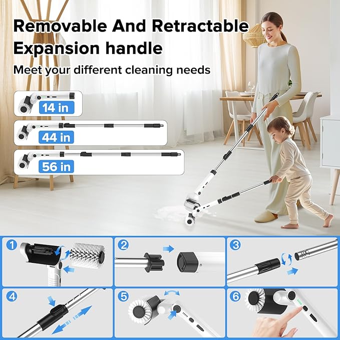 Roller-Type Electric Cleaning Brush - 2025 New Cordless Shower Scrubber with 200min Runtimes, 2-Speeds & 56" Extendable Handle, 4 Brush Heads, Shower Cleaner Brush, for Bathtub/Tile/Floor