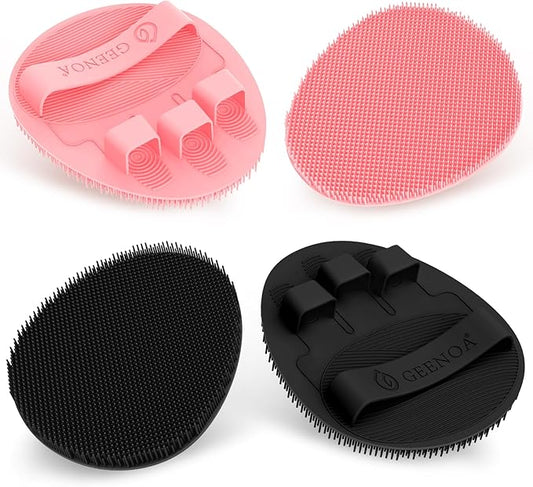 Silicone Body Scrubber 4PCS, 360° Anti-Slip & Enlarged Exfoliating Bath Glove for Rich Foaming Deep Cleaning, Revolutionary No-Grip & Hand-fit Shower Scrubber for All Skin Types.(Black/Pink)