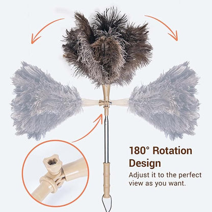 Extendable Ostrich Feather Duster, Natural Ostrich Feathers Long Handle Duster for Cleaning, 47” Soft & Fluffy Feather Duster for High Ceilings, Fans, Walls, Furniture, Home Dusting(A11-Ivory)