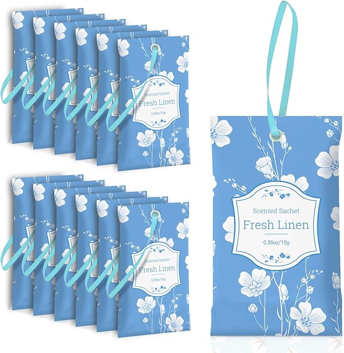 SCENTORINI Scented Sachets for Drawers and Closets, Fresh Linen Scent 14 Pack, Sachets Bags, Closet Freshener Sachet for Wardrobe, Cupboard, Luggage, Handbag, Suitcases, Small Space