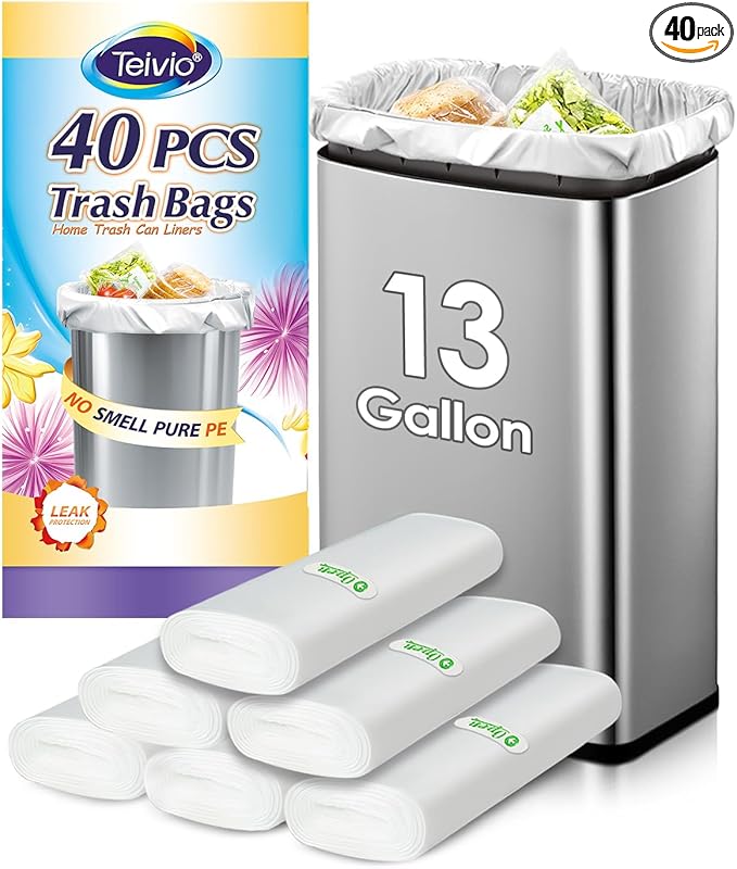 13 Gallon 40 Count Tall Kitchen Trash Bags 10 Gal 12 Gal 13 Gal fit 50 Liters Garbage Bags by Teivio, Waste Basket Bags,Bathroom Trash Can Bin Liners, Plastic Bags for home office kitchen, Clear