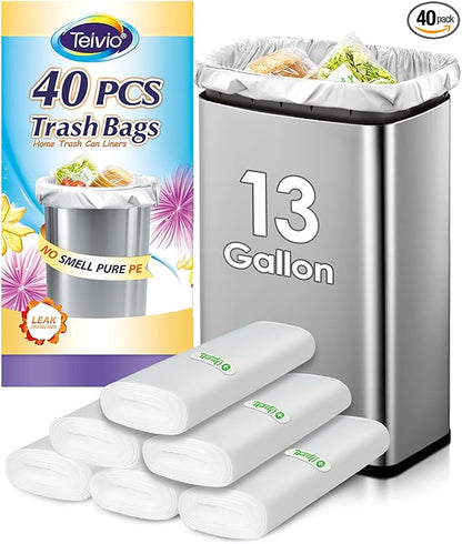 13 Gallon 40 Count Tall Kitchen Trash Bags 10 Gal 12 Gal 13 Gal fit 50 Liters Garbage Bags by Teivio, Waste Basket Bags,Bathroom Trash Can Bin Liners, Plastic Bags for home office kitchen, Clear