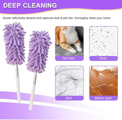 2Pcs Mini Duster for Cleaning, Microfiber Duster with Extendable Pole, Washable Small Duster, Cleaning Tools for Office, Car Interior, Window, Furniture, Computer (Purple)