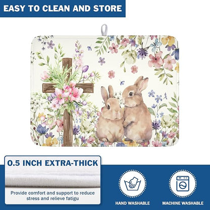 Easter Bunny Dish Drying Mat 18 x 24 Inch Rabbit Dish Drainer Rack Mat Colorful Floral Mat Absorbent Microfiber for Holiday Kitchen Coffee Dining Bar Decor