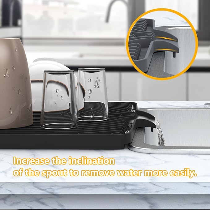 Silicone Drying Mat for Kitchen Counter , Dish Drying Rack Matt with Built in Drain, 18 Inch Dry Mats for Dishes Drying Pad for Kitchen Counter (18×12inch Extra Raised, black)