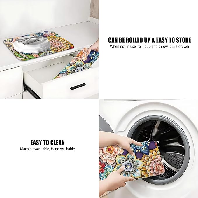 Dish Drying Mat for Kitchen Counter 2 Pack with Non-Slip Rubber Backing - Heat-Resistant Absorbent Coffee Bar Mat, Dish Rack Mat, Mandala Flower Dish Drying Mats 18x24+19.5x12 inch