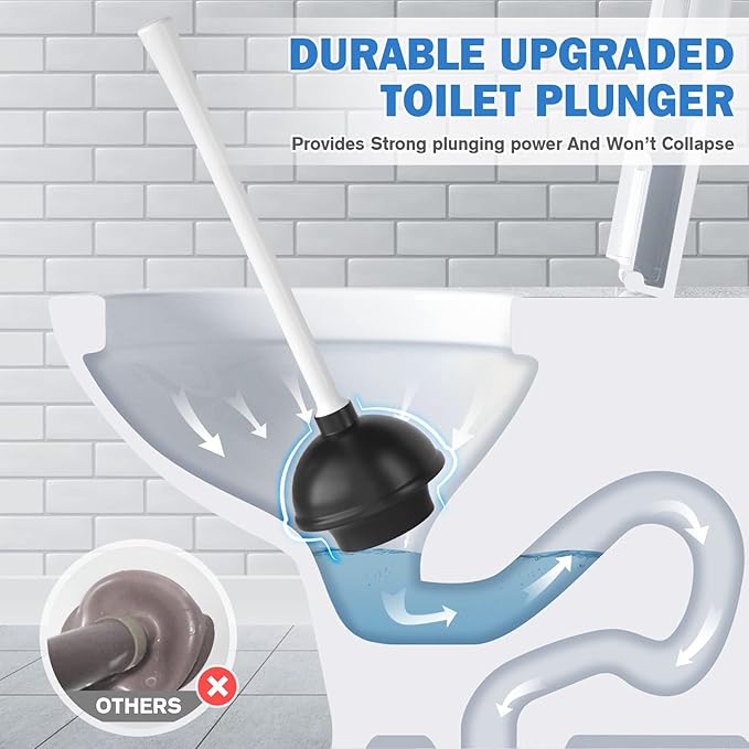 Toilet Plunger and Brush Set, Silicone Toilet Brush and Plunger with Holder for 5.7-inch Toilet Drain, 2-in-1 Toilet Brush Plunger Combo with Caddy Stand (White)