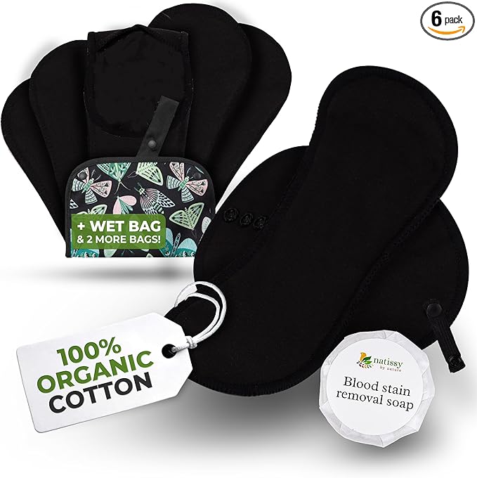 Organic Cotton, High Absorbency Reusable Period Pads for Heavy Flow (6 Pack L+XL) - Leak Proof & Odor Free Cloth Pads for Women - High-Temp Washable, Breathable & Skin-Safe for Menstrual Comfort