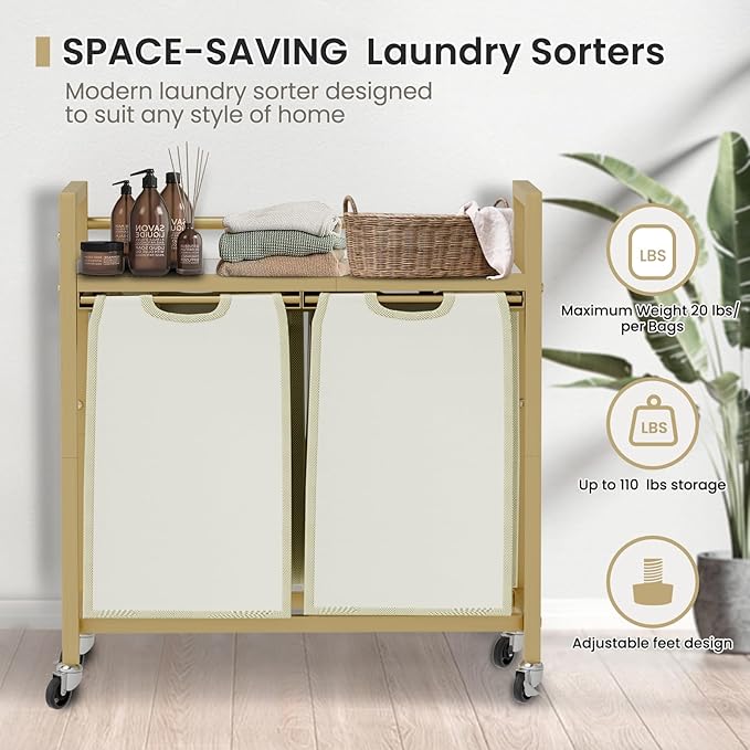 Laundry Hamper, Laundry Basket, Laundry Sorter with 3 Removable Bags, Clothes Basket with 3 Compartments, Wheels, Shelf for Laundry Room Bathroom Bedroom (2 Bags-Golden)