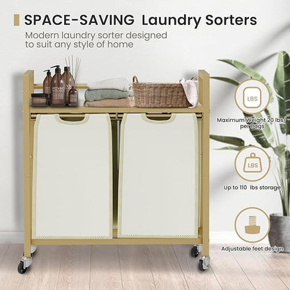 Laundry Hamper, Laundry Basket, Laundry Sorter with 3 Removable Bags, Clothes Basket with 3 Compartments, Wheels, Shelf for Laundry Room Bathroom Bedroom (2 Bags-Golden)