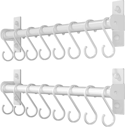 Dseap Kitchen Utensil Holder Hanger, Pot and Pan Rack Wall Mounted, Kitchen Rail with 8 Hooks for Hanging Cooking Utensils, Mugs, Spoons, Wall Mounted, White, Pack of 2