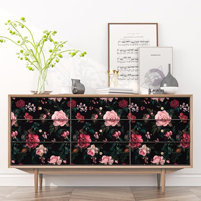 Fvlow Rose Wallpaper Pink and Red Peel and Stick 17.4" x 118" Black Contact Paper Waterproof Removable Wall Covering for Bedroom Kitchen Countertop Desk Home Decor