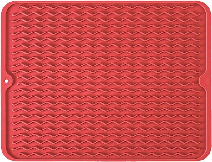 Silicone Dish Drying Mat, Non-Slip Easy Clean Sink Mat Large Heat-resistant Dish Drainer Mat for Kitchen Counter, Sink, Refrigerator or Drawer liner (18" x 16", RED)