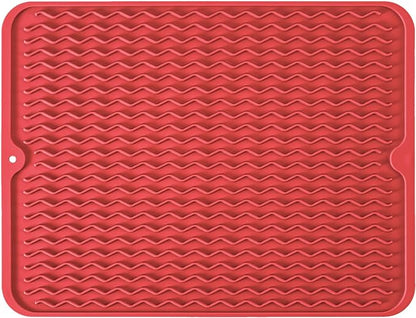 Silicone Dish Drying Mat, Non-Slip Easy Clean Sink Mat Large Heat-resistant Dish Drainer Mat for Kitchen Counter, Sink, Refrigerator or Drawer liner (18" x 16", RED)
