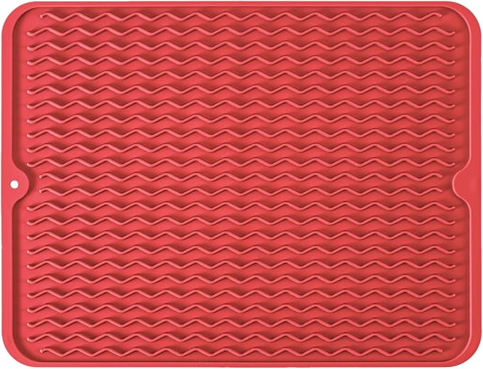 Large 24" x 18" Silicone Dish Drying Mat for Kitchen Counter, Easy clean, Quick Dry, Heat-resistant Dish Drainer Mat for Sink,Refrigerator or Drawer liner (Food Grade Silicone-Red)