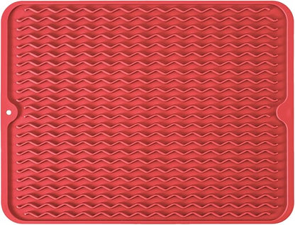 Large 24" x 18" Silicone Dish Drying Mat for Kitchen Counter, Easy clean, Quick Dry, Heat-resistant Dish Drainer Mat for Sink,Refrigerator or Drawer liner (Food Grade Silicone-Red)