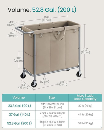 SONGMICS Laundry Basket with Wheels, 3-Section Rolling Laundry Hamper, 52.8 Gallons (200 L), Removable Liner, Steel Frame with Handle, 35.8 x 15.4 x 31.9 Inches, Camel Brown URLS005N01