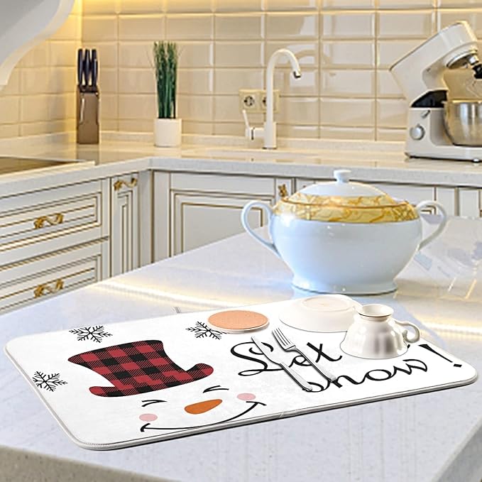 Super Absorbent Dish Drying Mat, Microfiber Fast-Drying Dish Mat, 16" x 18", Kitchen Dish Drying Pad, Watercolor Cute Christmas Winter Snowman