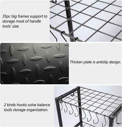 YueTong Garden Tool Organizer Heavy Duty,Yard Tool Tower Rack,Garage Storage Organization for Long Handle Tools,Rake,Brooms,Extra Hooks for Small Shovel,Shear.All Metal,Free Standing.