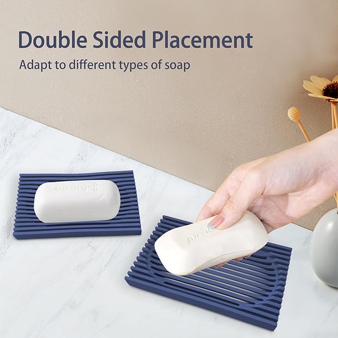 Aoheuo Modern Minimalist Soap Dish (2Pack),Drainage Silicone Soap Holder,5.5 Long by 3.15 Wide,0.55 inches high,Used for Kitchen, Bathroom,and Bar Sink(Blue,Blue)