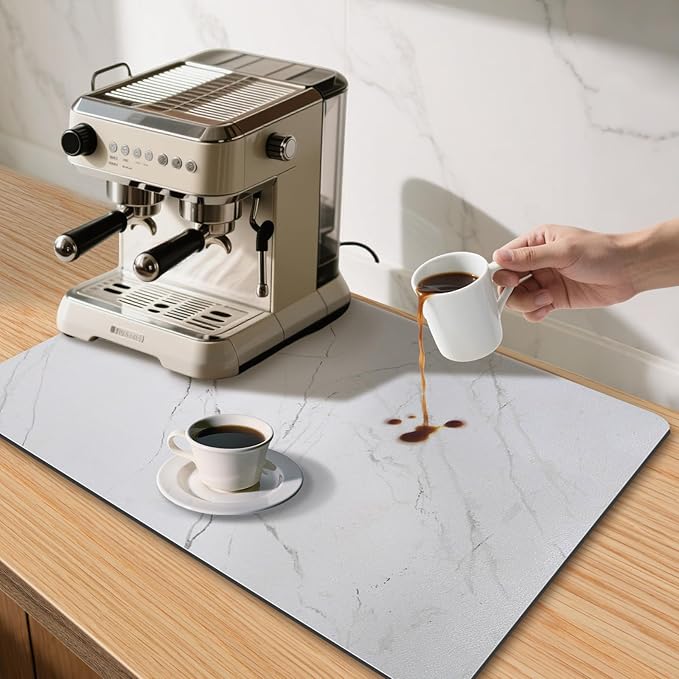 CooRug Marble Pattern Dish Drying Mat, Absorbent Coffee Bar Mat for Kitchen Counter, Non-slip Pad with Rubber Backed, Washable and Easy to Clean 12" x 20" Light Marble