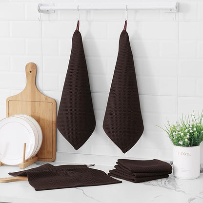 Kitinjoy 100% Cotton Kitchen Dish Cloths (12 X 12 Inches, Dark Brown), 8 Pack Waffle Weave Ultra Soft Absorbent Dish Towels for Drying Dishes Quick Drying Kitchen Towels Dish Rags