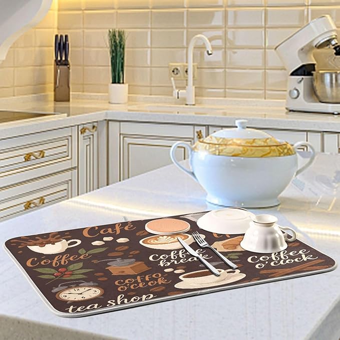 Tea and Coffee Theme Microfiber Dish Drying Mat Absorbent Dish Draining Mat Large Size 18 x 24 Dishes Drainer Mat for Countertop Dish Drying Pads