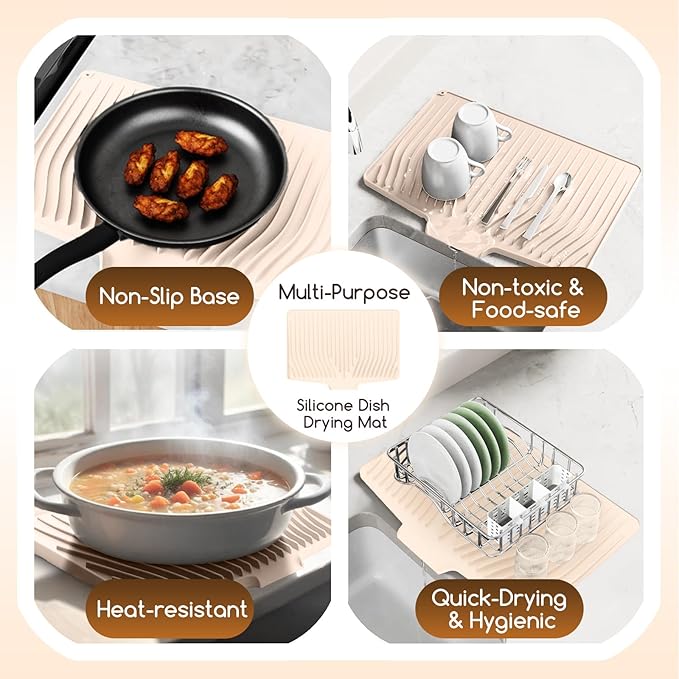 Large Premium Silicone Dish Drying Mat for Kitchen Counter - 18.5"x13" Non-Slip, Heat-Resistant (450°F) with Fast Drain & Hanging Hole, Multi-Use Kitchen Sink Drying Mat (Beige)