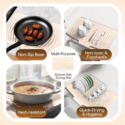 Large Premium Silicone Dish Drying Mat for Kitchen Counter - 18.5"x13" Non-Slip, Heat-Resistant (450°F) with Fast Drain & Hanging Hole, Multi-Use Kitchen Sink Drying Mat (Beige)