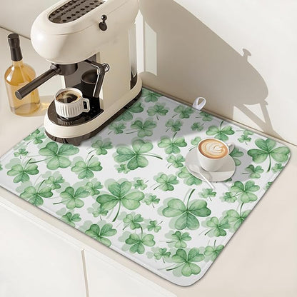 St Patrick's Day Dish Drying Mat for Kitchen Counter,Green Lucky Charm Shamrocks Drying Mat 16 x 18 Inch with High Absorbent Microfiber Drainer Mat for Coffee Bar