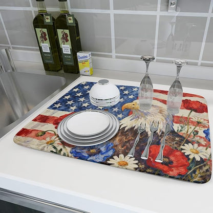 4th of July American Flag Eagle Dish Drying Mat for Kitchen Counter 18x24 Patriotic Floral Memorial Day Absorbent Reversible Microfiber Drying Mats Kitchen Countertop Protector Dishes Drainer Pad