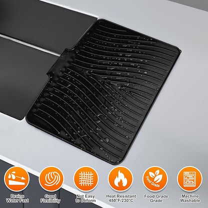 Silicone Dish Drying Mat for Kitchen Counter, Dish Drying Pad, Non-Slip Drain Pad with Built-in Drain, Heat Resistant Stone Drying Mat,BLack-1Set-XL