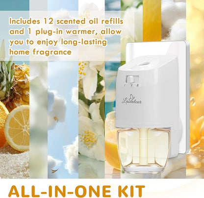 Plug In Air Freshener Refills Starter Kit – 12 Pack Wall Plug In Refills with 1 Adjustable Warmer, Jasmine, Hawaiian, Cotton Scents, Odor Eliminator for Home, Bathroom, Room, House