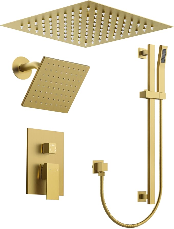 Celling Mount 64 Color LED Mood Lighting Dual Rainfall Shower Head Faucet, 12 Inch Rainfall Shower System (Brushed Gold)