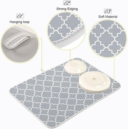 Super Absorbent Dish Drying Mat, Microfiber Fast-Drying Dish Mat, 24" x 18", Kitchen Dish Drying Pad, Grey Moroccan
