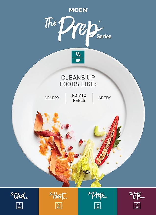 Moen Prep Series Disposer 1/2 Horsepower Continuous Feed Garbage Disposal featuring Fast Track Technology, Power Cord Included, GT50C