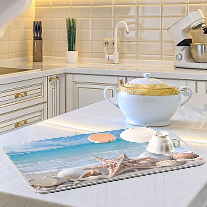 Starfishes Beach Seashells Dish Drying Mat for Kitchen Counter Absorbent Microfiber Drying Pad, Large 18x24 in