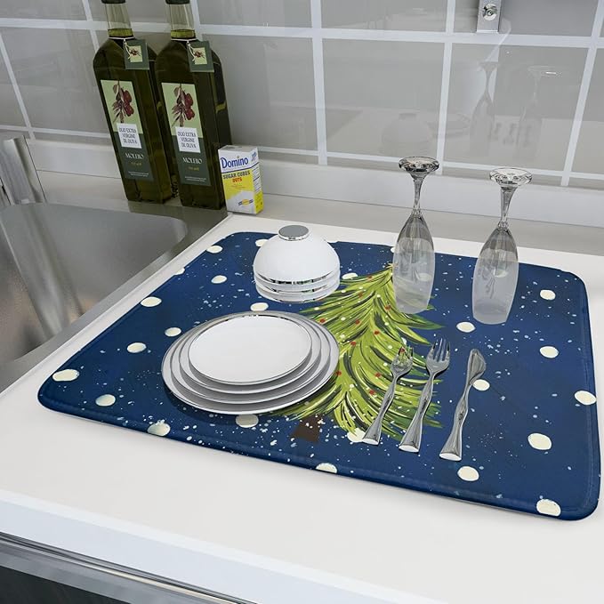 Christmas Tree Dish Drying Mat 18 x 24 Inch With Absorbent Reversible Microfiber Navy Blue Green Xmas Snowflake Drying Mats Winter Holiday Dish Drainer Mat Fast Dry For Kitchen Dining Room Decoration