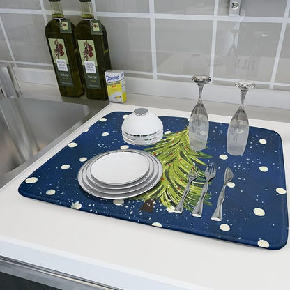 Christmas Tree Dish Drying Mat 18 x 24 Inch With Absorbent Reversible Microfiber Navy Blue Green Xmas Snowflake Drying Mats Winter Holiday Dish Drainer Mat Fast Dry For Kitchen Dining Room Decoration