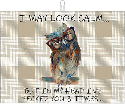 Kitchen Drying Mat Funny Owl Dish Drainer Mat for Kitchen Counter Microfiber Absorbent Reusable Washable 18x24 Inch Home Holiday Decor Cute Buffalo Plaid Drying Pad