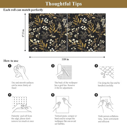Laatse Black Gold Wallpaper Peel and Stick Dark Floral Wallpaper 17.5in x 118in Vintage Leaf Contact Paper Vinyl Waterproof Self Adhesive Boho Botanical Wall Paper for Bedroom Cabinet Décor