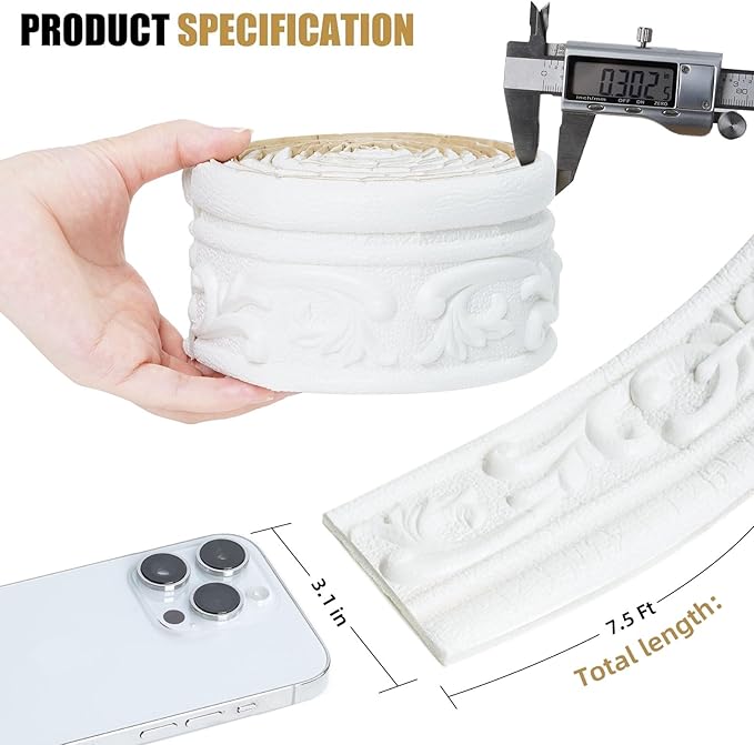 WAPANE 360" x 3.1" Peel Stick Foam Molding Trim Self Adhesive, Crown Molding Wallpaper Border Flexible, 3D Wall Edging Lines Foam Baseboard, Wall Trim for Home, White, 4PC