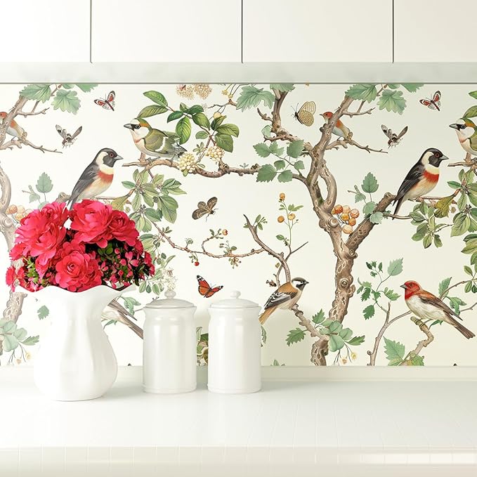 Nukofal Vintage Bird Peel and Stick Wallpaper Floral Birds Contact Paper 16.9inch x 118.1inch Butterflies Leaf Wallpaper Peel and Stick Self Adhesive Removable Wall Paper for Bathroom Wall Decor