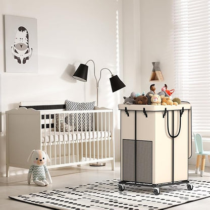 Large Laundry Hampers with Lid, Oxford Fabric Laundry Hampers, Metal Frame and Removable Bag Design with Wheels, Suitable for Bedroom, Bathroom, Dorm Room, Laundry Room (White with Lid)